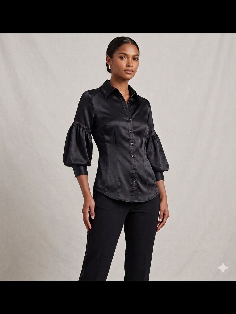 Black Satin Puff-Sleeve Button-Down Shirt